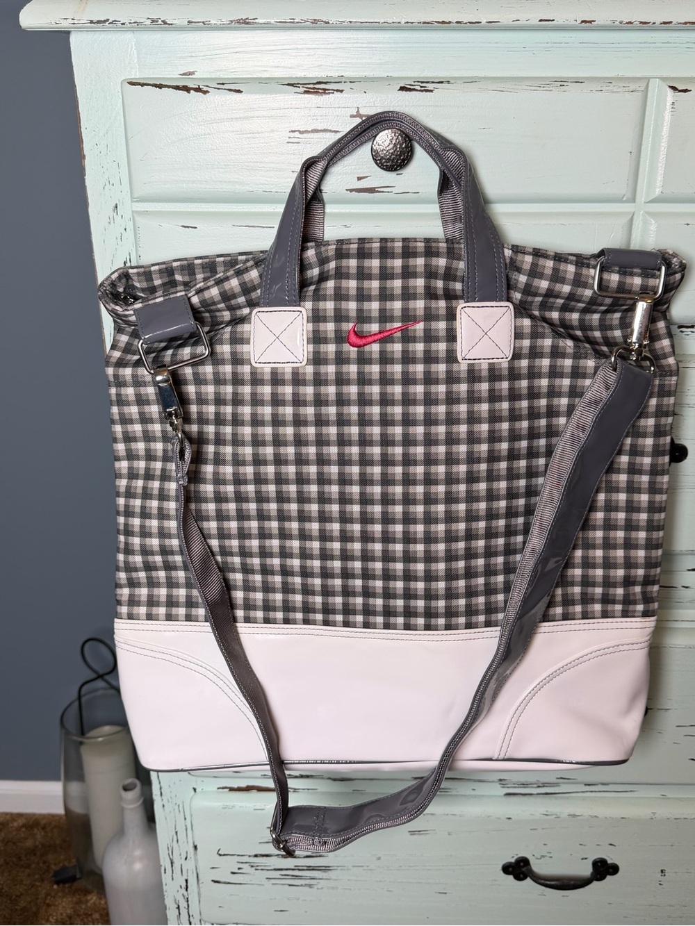 Nike Vintage Brassie Gray Plaid Messenger Shoulder Tote with small tote.